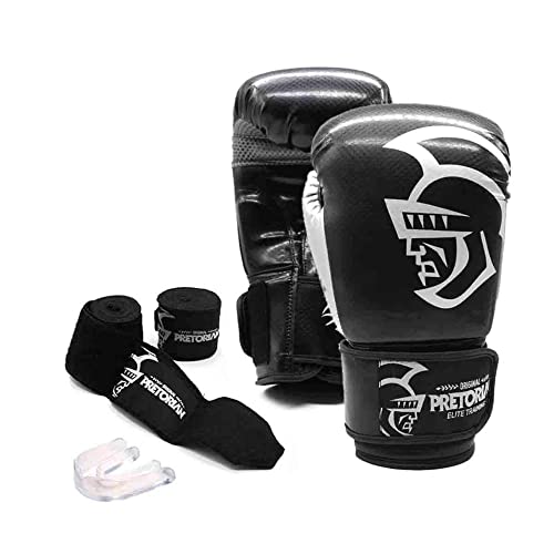 Luva de Boxe e Muay Thai Pretorian Elite Preto - 14oz -1 Par de Luvas, 1 Protetor Bucal 1 Par de Bandagem Inclusos, Ideal para Treinos Intensos Competições