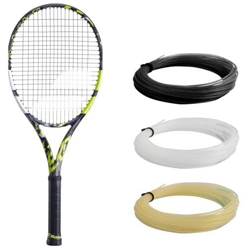 Babolat Raquete de tênis aerodinâmica pura - amarrada com 16 g branco Babolat Syn Gut na tensão média (aderência de 11 cm)