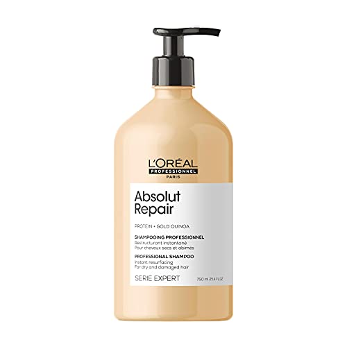 L'Oréal Professionnel Shampoo Absolut Repair, Repara Danos e Promove Brilho, Com Quinoa Dourada &amp; Proteínas, Para cabelos secos e danificados, Toque leve e Macio, 750ml
