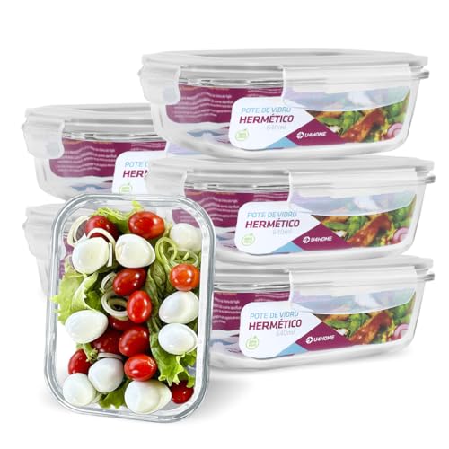 KIT 6 Potes de Vidro Retangular com Tampa Hermética 640ml (Branco)